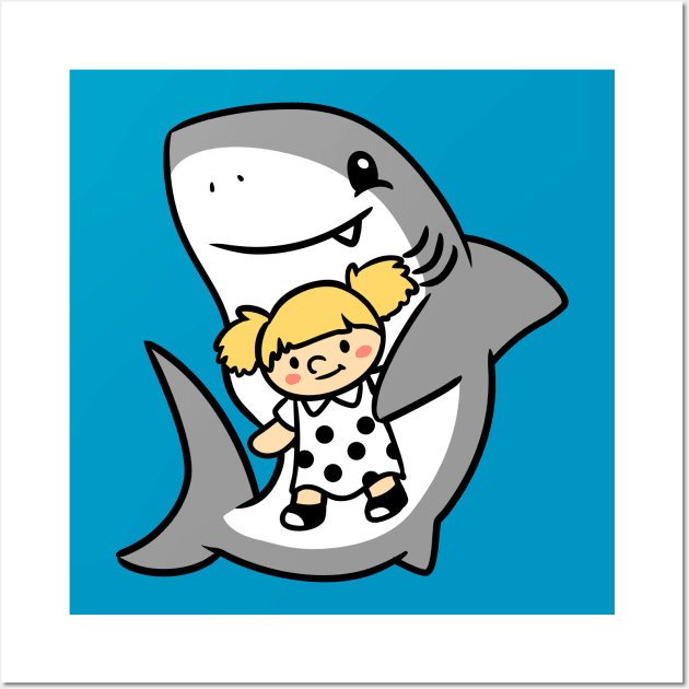 Shark Pup Morgan & Their Doll (Light Tones, Pigtails, Smock Dress) Wall Art by Pop & Purr